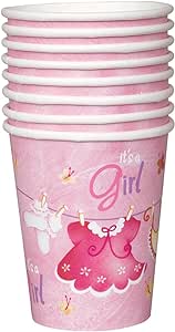 Unique Party 9oz (270ml) Pink Clothesline Design Baby Shower Paper Cups RRP 1.99 CLEARANCE XL 99p