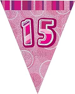 Unique Party 9ft Foil Glitz Pink Happy 15th Birthday Bunting Flags RRP 2.25 CLEARANCE XL 99p