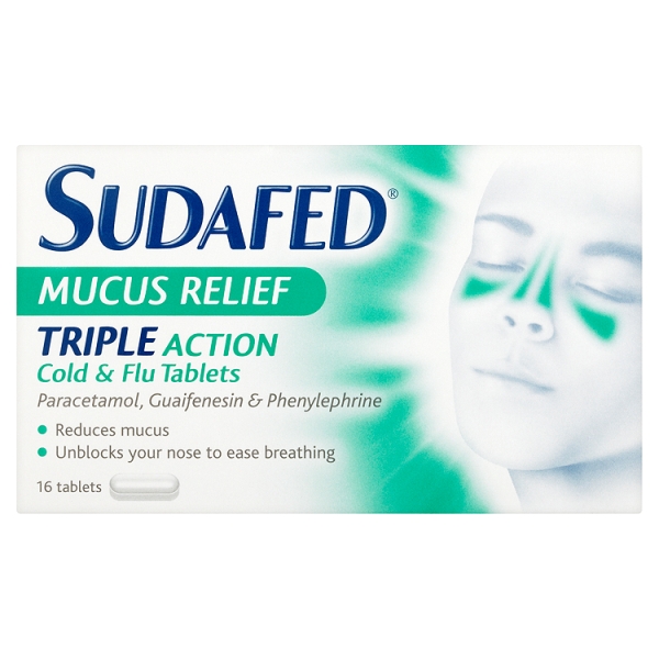 Sudafed Mucus Relief Triple Action Cold & Flu Tablets RRP 4.99 CLEARANCE XL 3.99