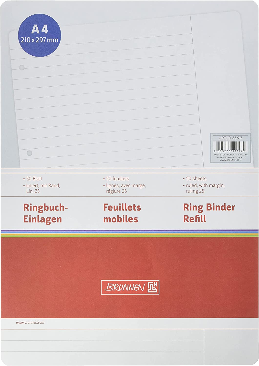 BRUNNEN A4 Ring Binder Loose Refill Pad 25 Lines per Page with Margin 50 Sheets RRP 5.19 CLEARANCE XL 1.99