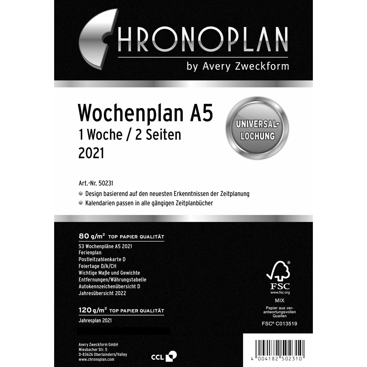 Avery Zweckform Chronoplan Week Planner A5 2020 (In German) RRP 5.99 CLEARANCE XL 19p