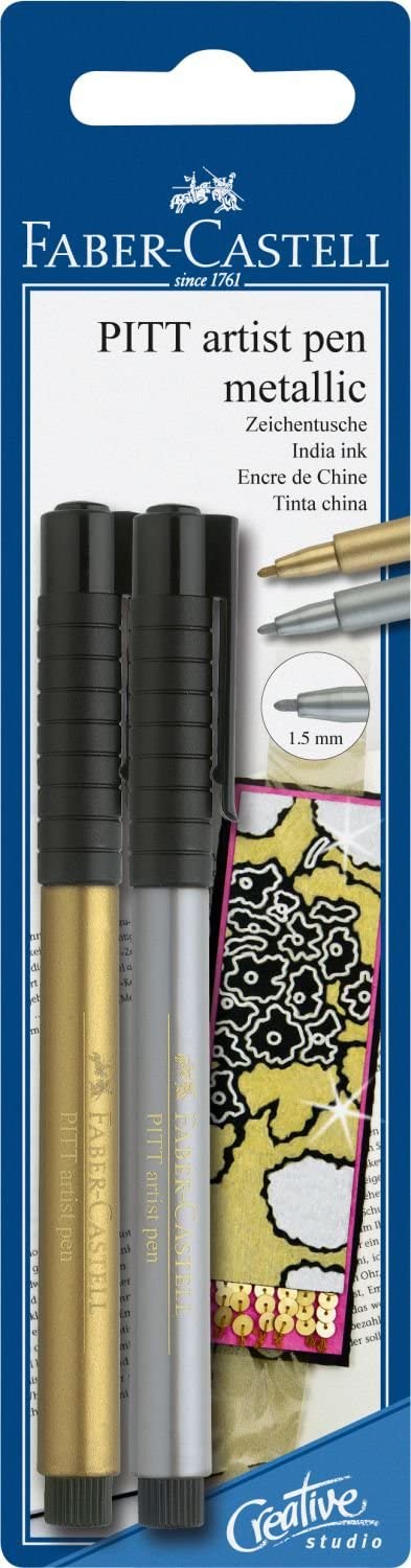 Faber-Castell PITT Artist Pen Set of 2, Vibrant Metallic Gold & Silver 1.5mm RRP 6.50 CLEARANCE XL 4.99