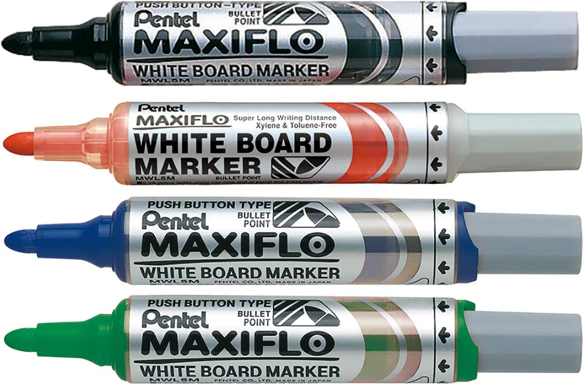 Pentel Maxiflo 6.0mm Bullet Tip Wallet 4 White Board Marker Liquid Ink Markers RRP 9.95 CLEARANCE XL 6.99