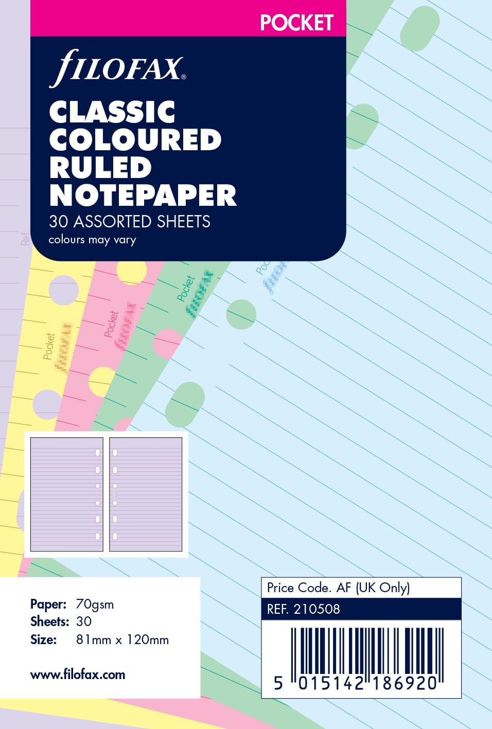 Filofax Pocket Classic Coloured Ruled Notepaper 30 Sheets 81 x 120mm RRP 3.73 CLEARANCE XL 1.99
