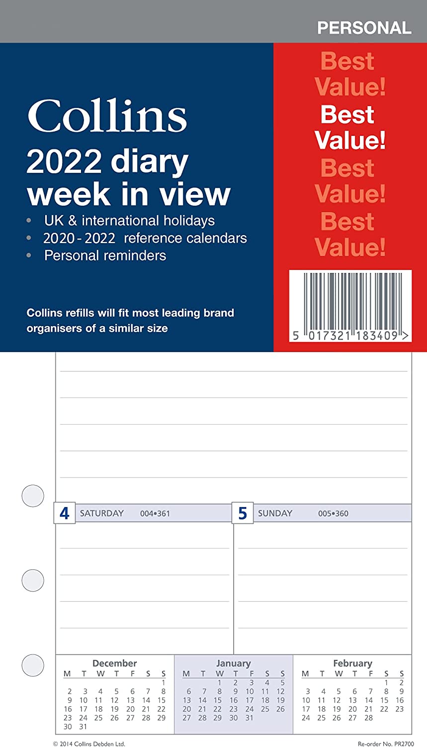 Collins 2022 Diary Week to View Refill for Personal Size (172mm x 96mm) 6 Ring Organiser RRP 7.75 CLEARANCE XL 10p