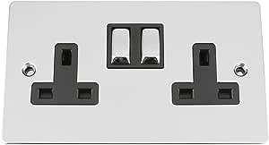 Wall Double Plug Socket 2 Gang 13A Polished Chrome Flat Black Insert RRP 9.59 CLEARANCE XL 7.99