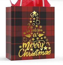 Deidentified Black & Red Checkered Christmas Gift Bag ''We Wish You A Merry Christmas'' RRP 1 CLEARANCE XL 79p
