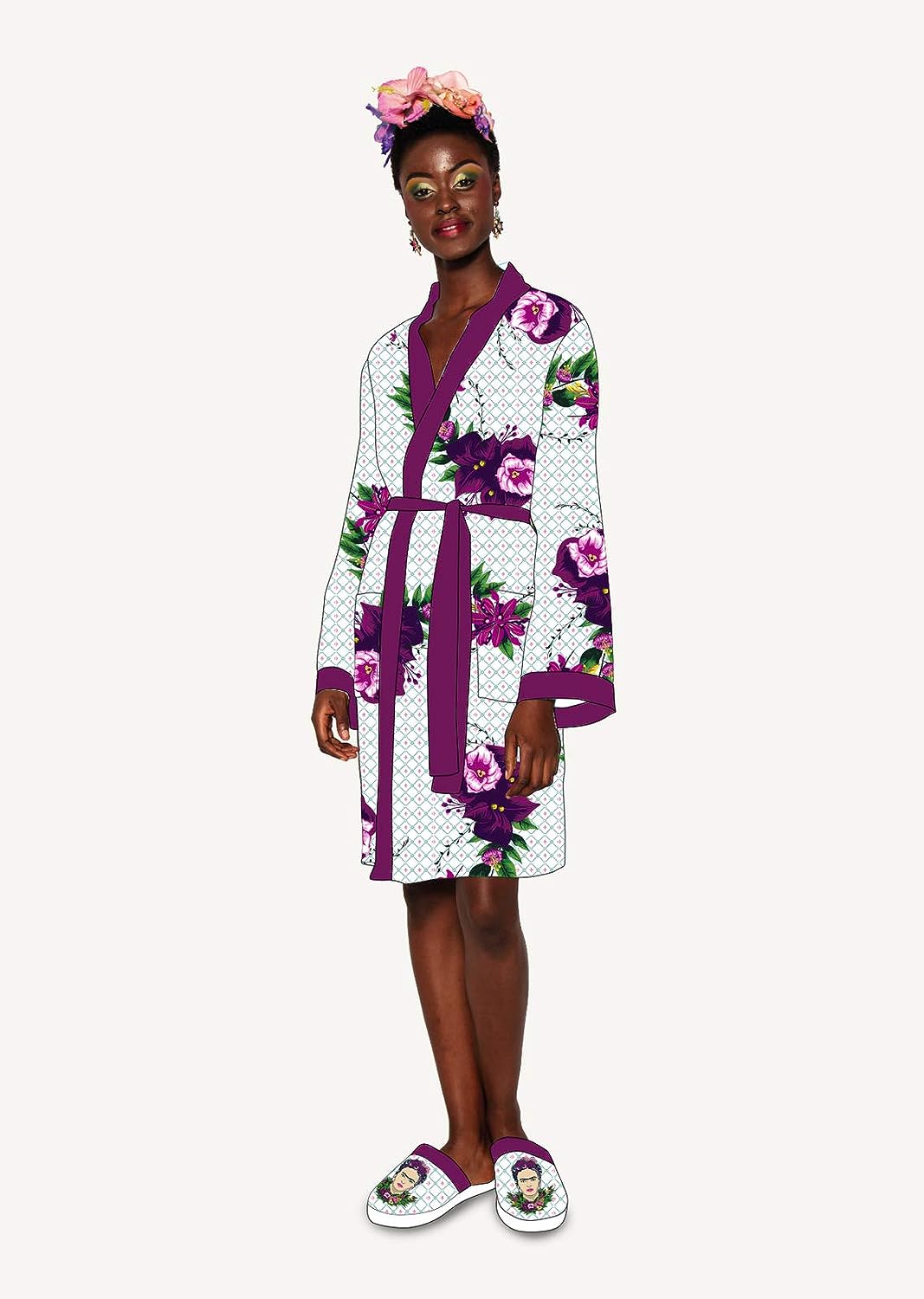 Groovy Frida Kahlo Violet Bouquet Satin Style Ladies Robe One Size RRP 10.39 CLEARANCE XL 7.99