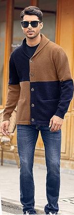 Fueri Mens Knitted Contrast Cardigan Knit Jacket Blue & Brown XXL RRP 35.99 CLEARANCE XL 29.99
