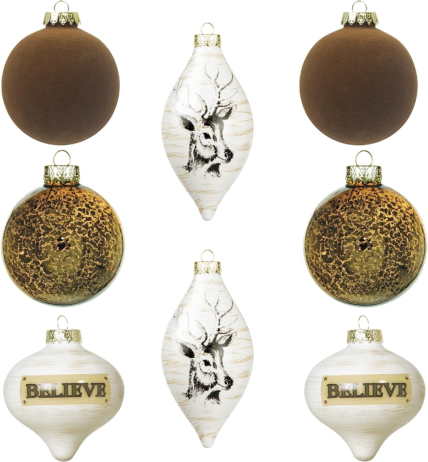 Premium KI Store White & Brown Set of 8 Velvet and Mercury Glass Christmas Tree Ornaments RRP 88.58 CLEARANCE XL 29.99